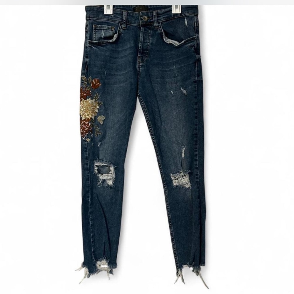 Zara Dark Blue Floral Embroidered Skinny Jeans Button Fly Boho Festival Sz 30